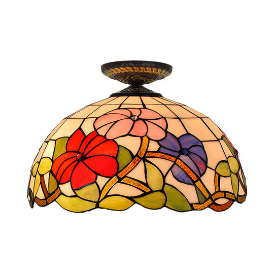 Tiffany Peony Flush Mount Lamp: Stained Glass Ceiling Lighting Fixture In Bronze 12/16 Wide