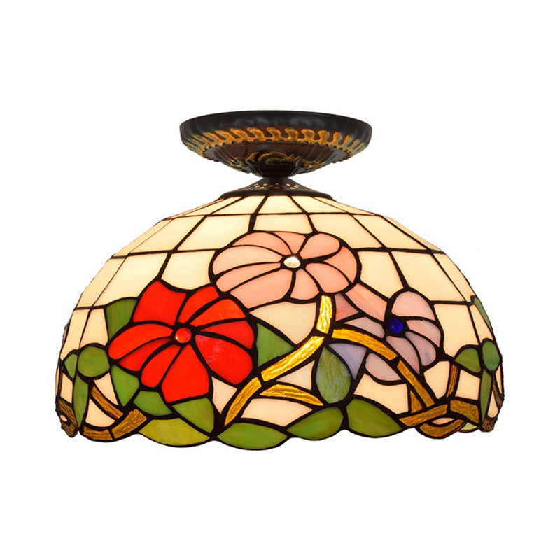 Tiffany Peony Flush Mount Lamp: Stained Glass Ceiling Lighting Fixture In Bronze 12’/16’ Wide