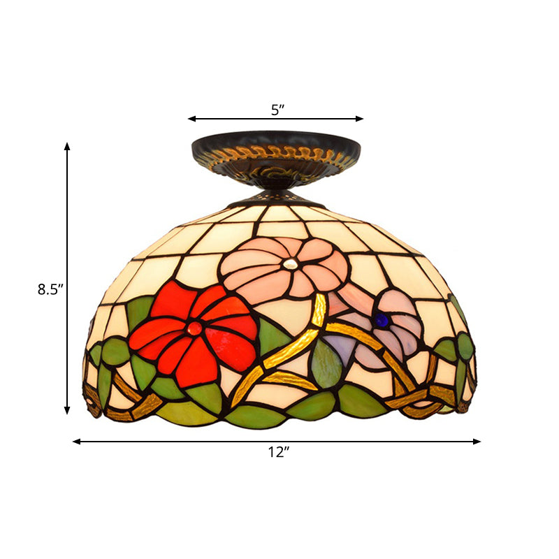 Tiffany Peony Flush Mount Lamp: Stained Glass Ceiling Lighting Fixture In Bronze 12’/16’ Wide