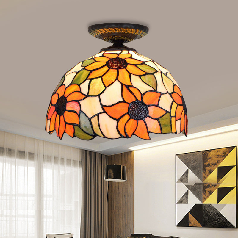 Sunflower Tiffany Stained Glass Ceiling Lamp - 1 Light Brass Flush Mount / 12