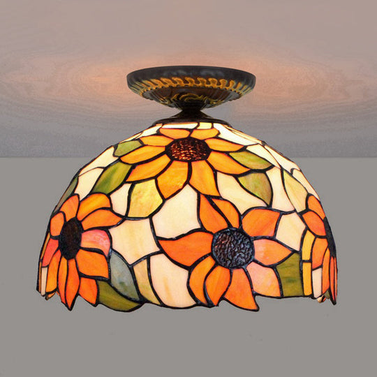 Sunflower Tiffany Stained Glass Ceiling Lamp - 1 Light Brass Flush Mount