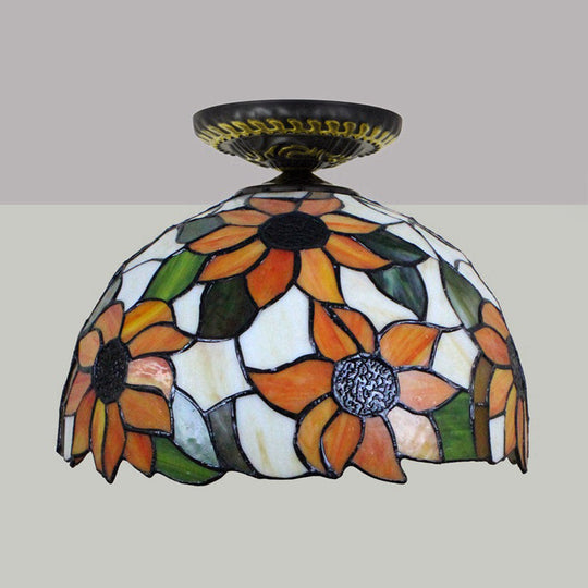 Sunflower Tiffany Stained Glass Ceiling Lamp - 1 Light Brass Flush Mount