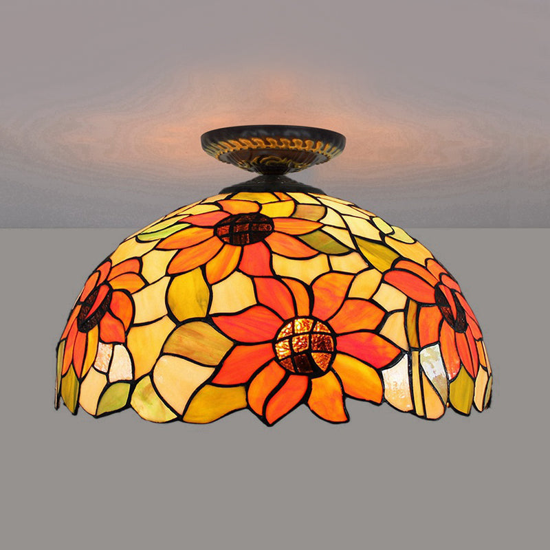 Sunflower Tiffany Stained Glass Ceiling Lamp - 1 Light Brass Flush Mount / 16’