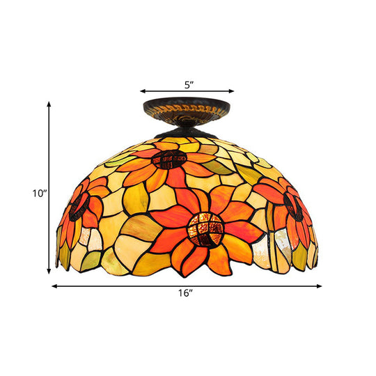 Sunflower Tiffany Stained Glass Ceiling Lamp - 1 Light Brass Flush Mount
