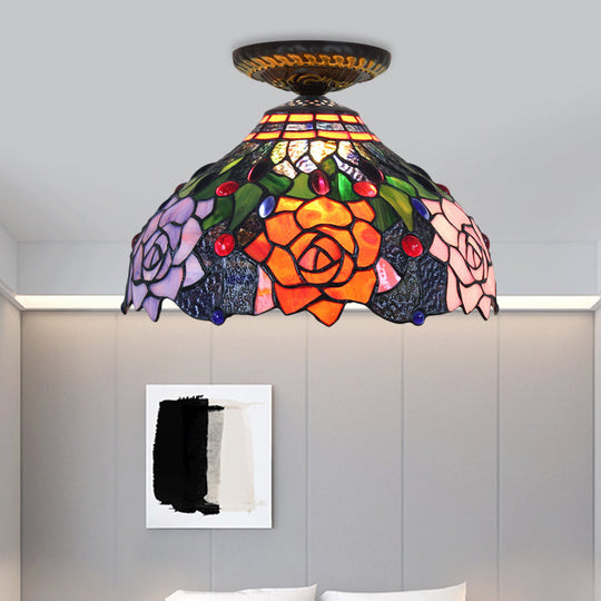 Rose Metal Tiffany Flush Mount Ceiling Light Fixture - Brass Finish 12’/16’ Diameter / 12’