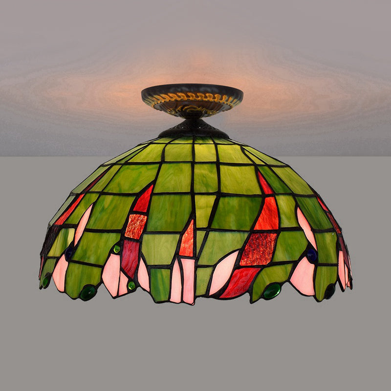 Tiffany-Style Hand Cut Glass Brass Flush Mount Ceiling Light With Single Bulb
