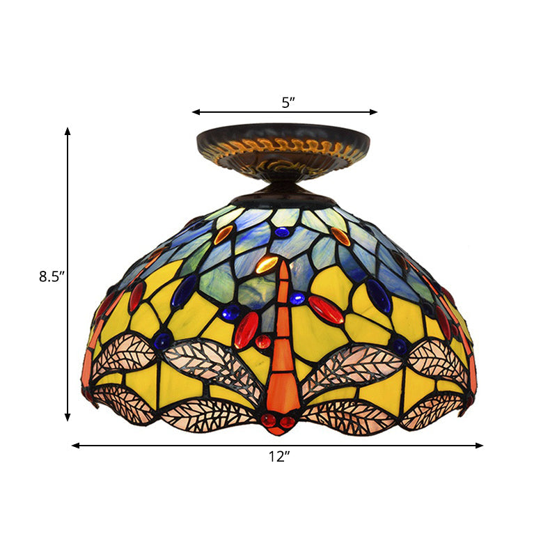 Tiffany Dragonfly Flush Mount Lamp - Stained Glass Close To Ceiling Lighting Fixture In Brass