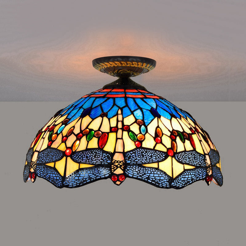 Tiffany White/Red Dragonfly Stained Glass Porch Ceiling Mount Lamp