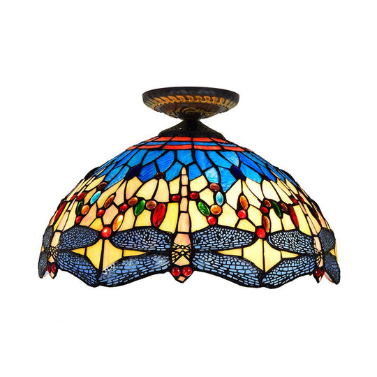 Tiffany White/Red Dragonfly Stained Glass Porch Ceiling Mount Lamp