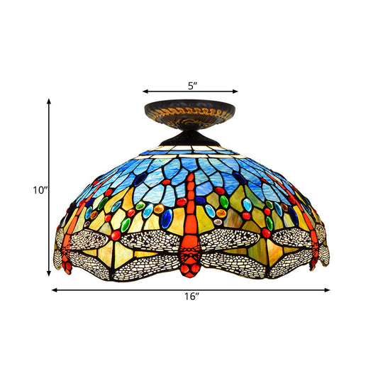 Tiffany White/Red Dragonfly Stained Glass Porch Ceiling Mount Lamp