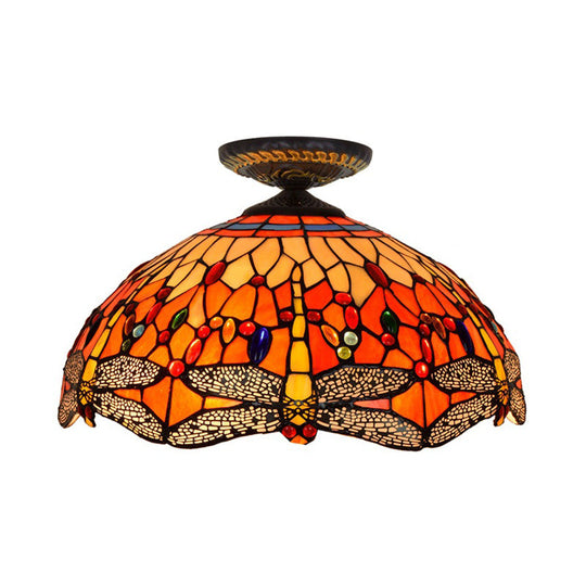 Tiffany-Style Dragonfly Cut Glass Ceiling Lamp - Brass Flush Mount Light Fixture 16’/18’ Width