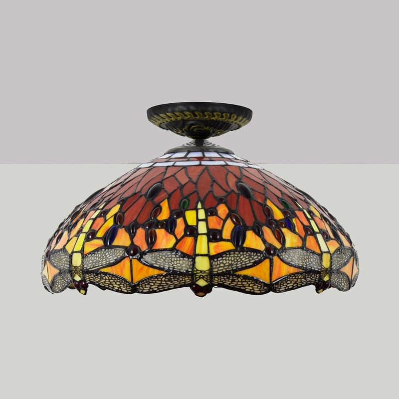 Tiffany-Style Dragonfly Cut Glass Ceiling Lamp - Brass Flush Mount Light Fixture 16’/18’ Width