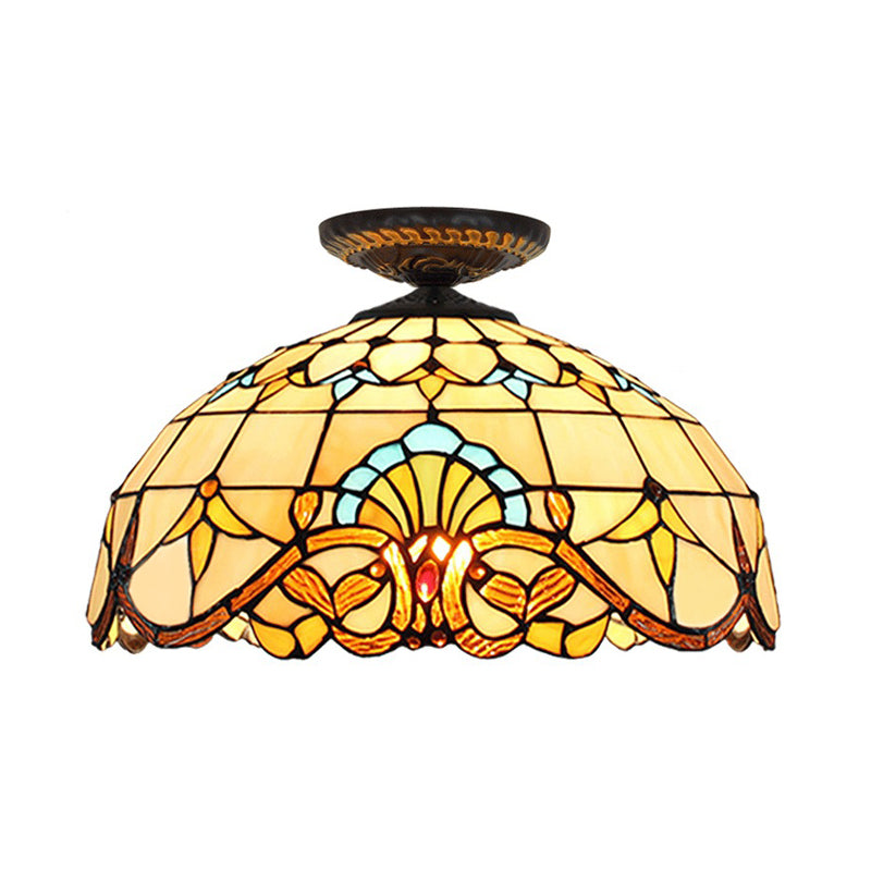 Tiffany Hand Rolled Art Glass Floral Flush Mount Light With Yellow/Blue Shade 12/16 W