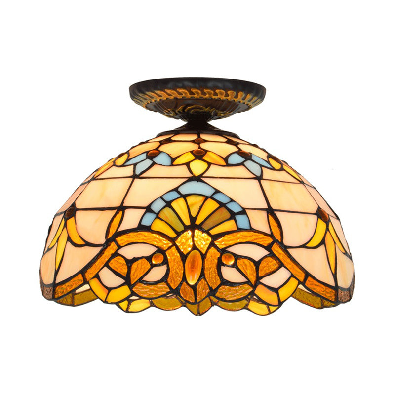 Tiffany Hand Rolled Art Glass Floral Flush Mount Light With Yellow/Blue Shade 12’/16’ W