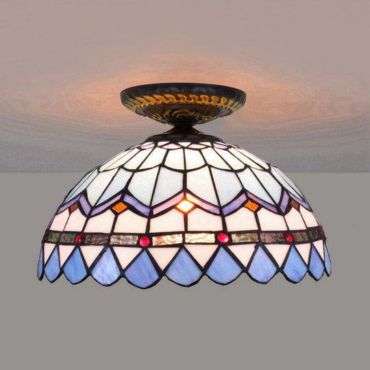 Tiffany Hand Rolled Art Glass Floral Flush Mount Light With Yellow/Blue Shade 12/16 W Blue / 16