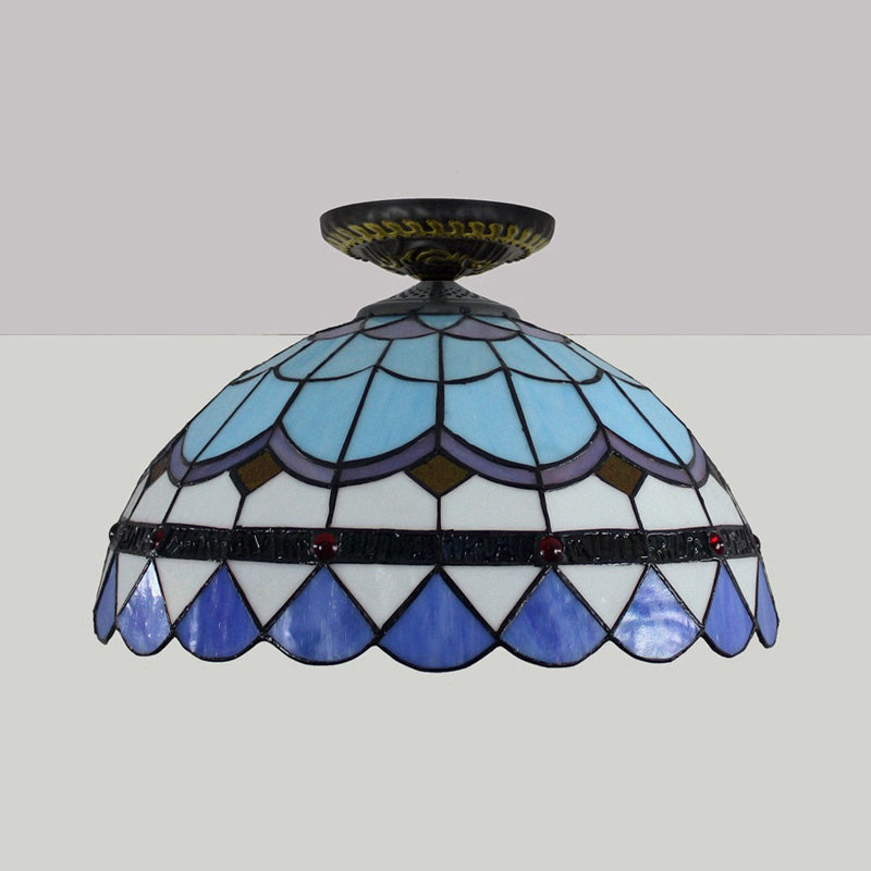 Tiffany Hand Rolled Art Glass Floral Flush Mount Light With Yellow/Blue Shade 12’/16’ W