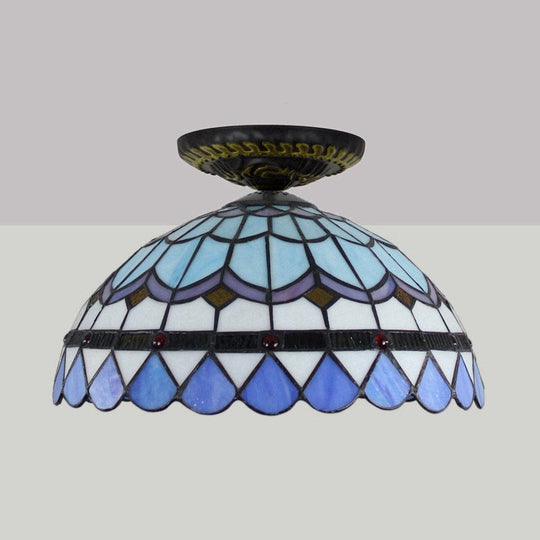 Tiffany Hand Rolled Art Glass Floral Flush Mount Light With Yellow/Blue Shade 12/16 W