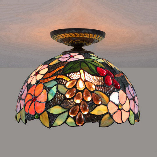 Tiffany 1-Light Stained Glass Blossom Ceiling Lamp- Brass Flushmount 12’/16’ Width