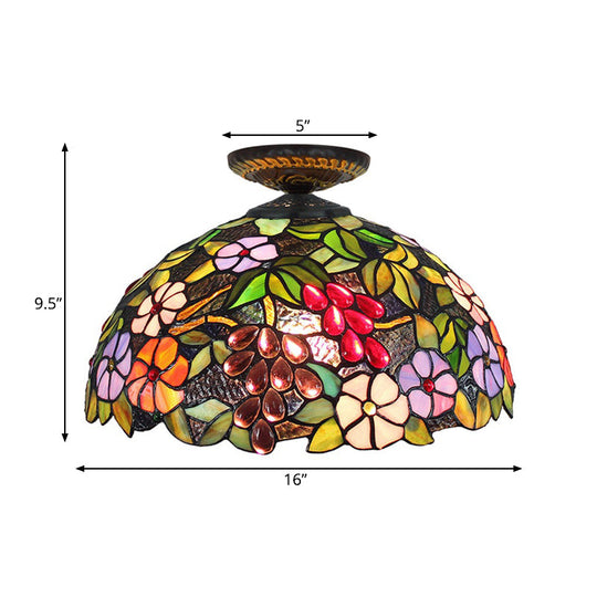 Tiffany 1-Light Stained Glass Blossom Ceiling Lamp- Brass Flushmount 12’/16’ Width