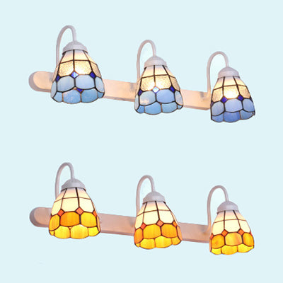 Tiffany Yellow/Blue Glass Grid Patterned Wall Light Fixture - White 3-Head Vanity Lighting