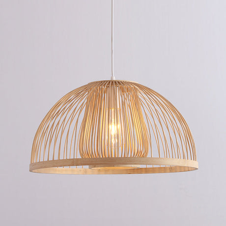 16/19 Modern Bamboo Ceiling Pendant Light - Domed Shape 1-Light Beige Hanging Lamp Kit