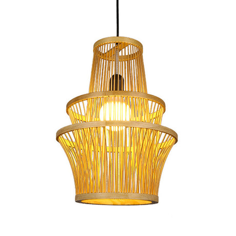 Modern Beige Bamboo Pendant Light Fixture - 1-Light Symmetrical Hanging Lamp Kit