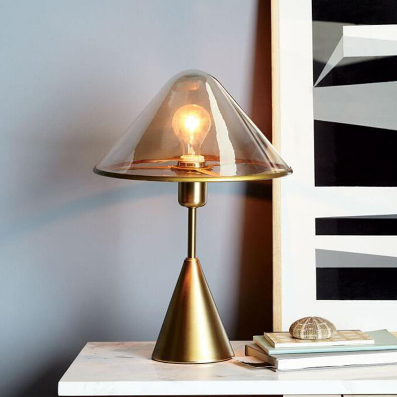 Modern Gold Table Lamp With Conical Amber Glass Shade - Ideal For Living Room Tasks