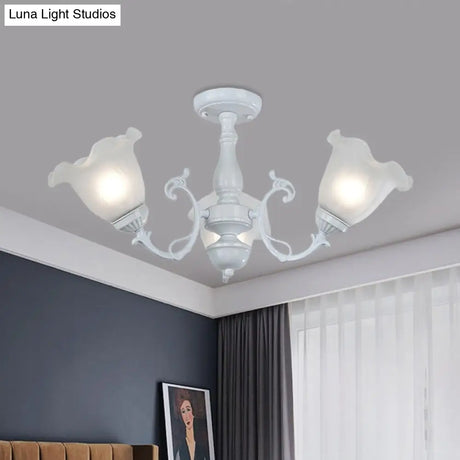 3/5 - Light Floral Semi - Flush Ceiling Light - Countryside White/Black Finish With Cream Glass