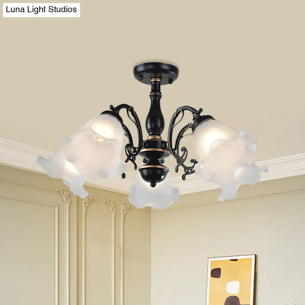 3/5-Light Floral Semi-Flush Ceiling Light - Countryside White/Black Finish With Cream Glass