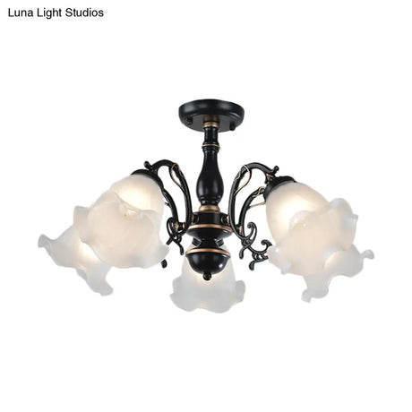 3/5 - Light Floral Semi - Flush Ceiling Light - Countryside White/Black Finish With Cream Glass