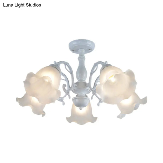 3/5-Light Floral Semi-Flush Ceiling Light - Countryside White/Black Finish With Cream Glass