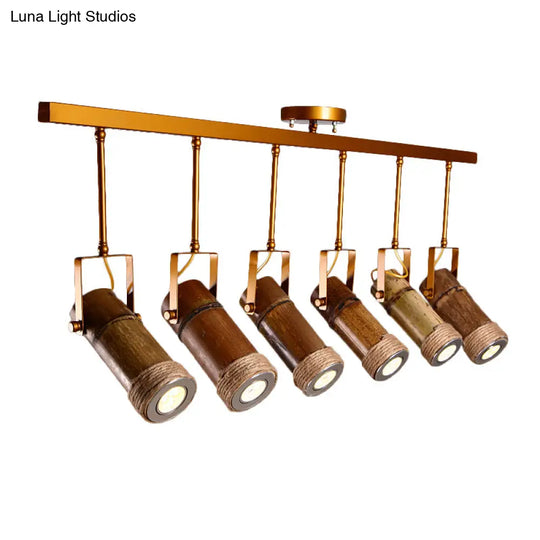 3/6 Bulbs Bamboo Tube Island Pendant - Brown Iron Suspension Lighting With Hemp Rope