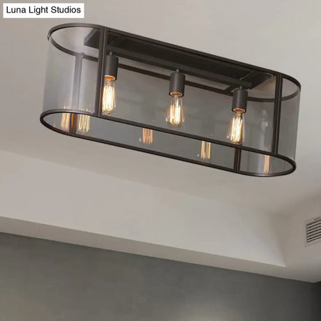 3 - Head Flush Mount Light: Metal Warehouse Corridor Lighting With Oval Clear Glass Shade In