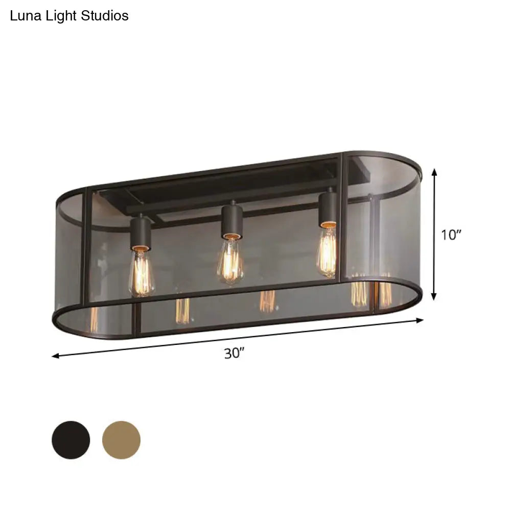 3-Head Flush Mount Light: Metal Warehouse Corridor Lighting With Oval Clear Glass Shade In