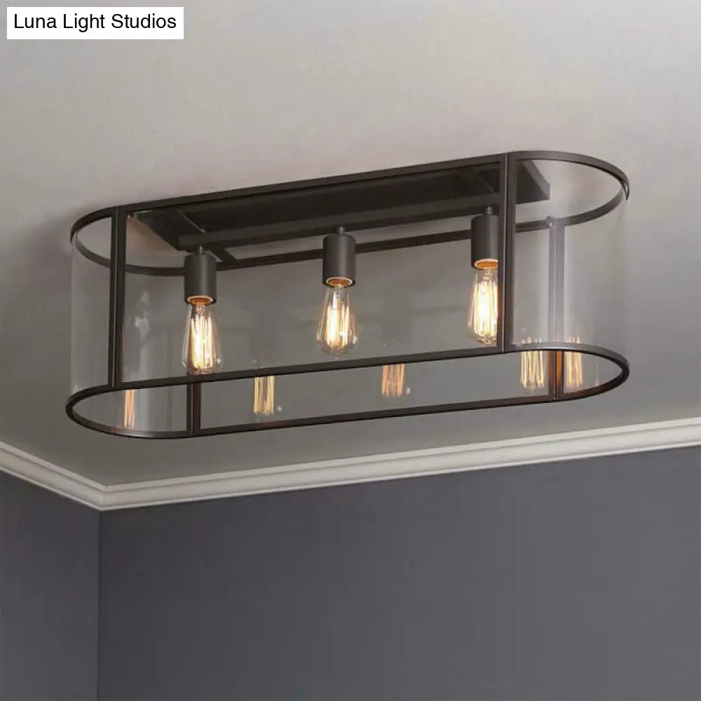 3-Head Flush Mount Light: Metal Warehouse Corridor Lighting With Oval Clear Glass Shade In