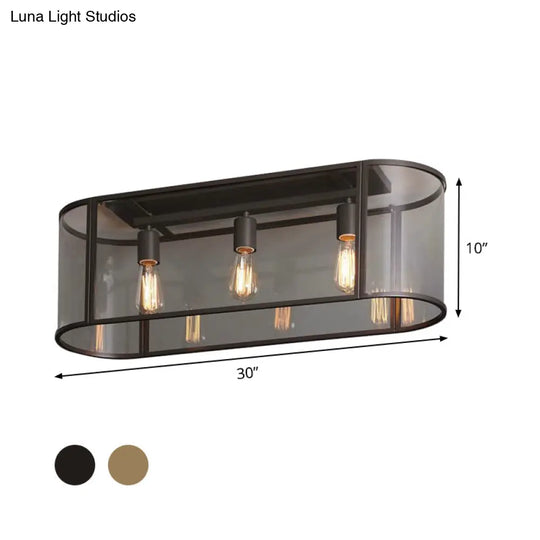 3 - Head Flush Mount Light: Metal Warehouse Corridor Lighting With Oval Clear Glass Shade In