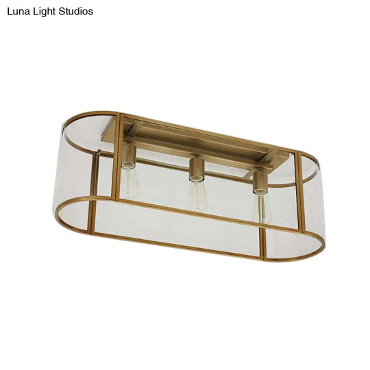 3-Head Flush Mount Light: Metal Warehouse Corridor Lighting With Oval Clear Glass Shade In