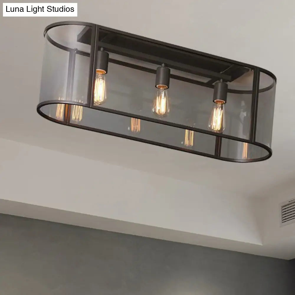 3-Head Flush Mount Light: Metal Warehouse Corridor Lighting With Oval Clear Glass Shade In