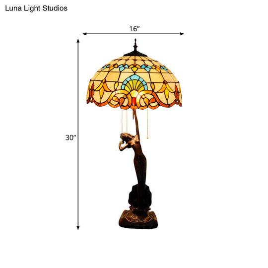 3-Head Mediterranean Spikelet & Blue/White Glass Nightstand Lamp With Pull Chain