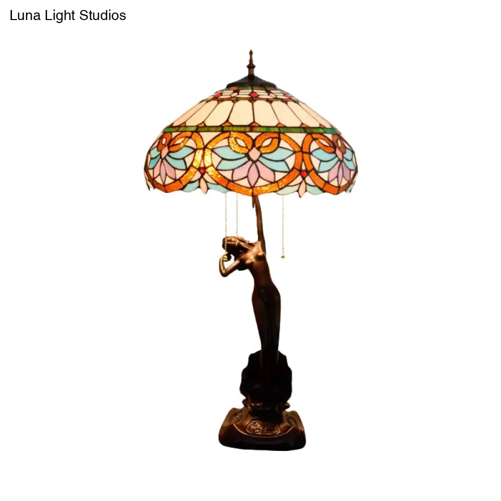 3-Head Mediterranean Spikelet & Blue/White Glass Nightstand Lamp With Pull Chain