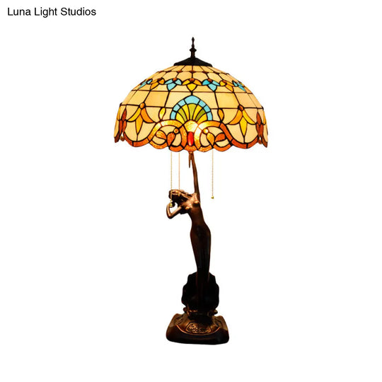 3-Head Mediterranean Spikelet & Blue/White Glass Nightstand Lamp With Pull Chain