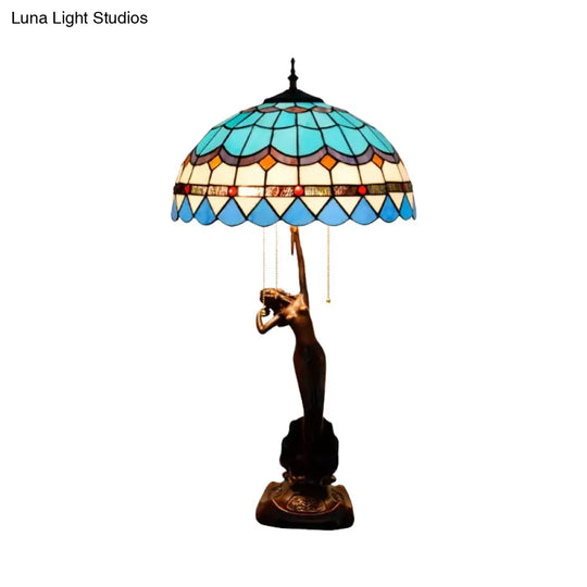 3-Head Mediterranean Spikelet & Blue/White Glass Nightstand Lamp With Pull Chain