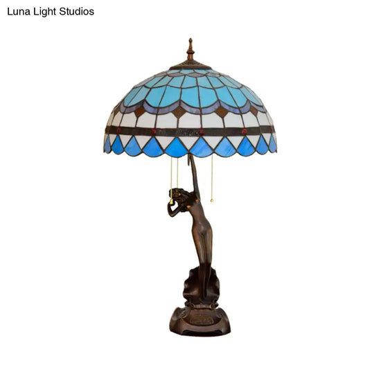 3-Head Mediterranean Spikelet & Blue/White Glass Nightstand Lamp With Pull Chain