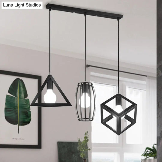 3-Head Pendant Lighting In Black Metal With Retro Stylish Cage Shades For Kitchen Round/Linear