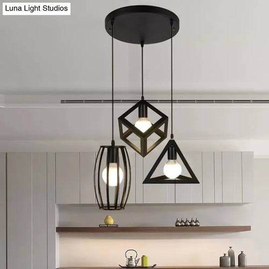 3-Head Pendant Lighting In Black Metal With Retro Stylish Cage Shades For Kitchen Round/Linear