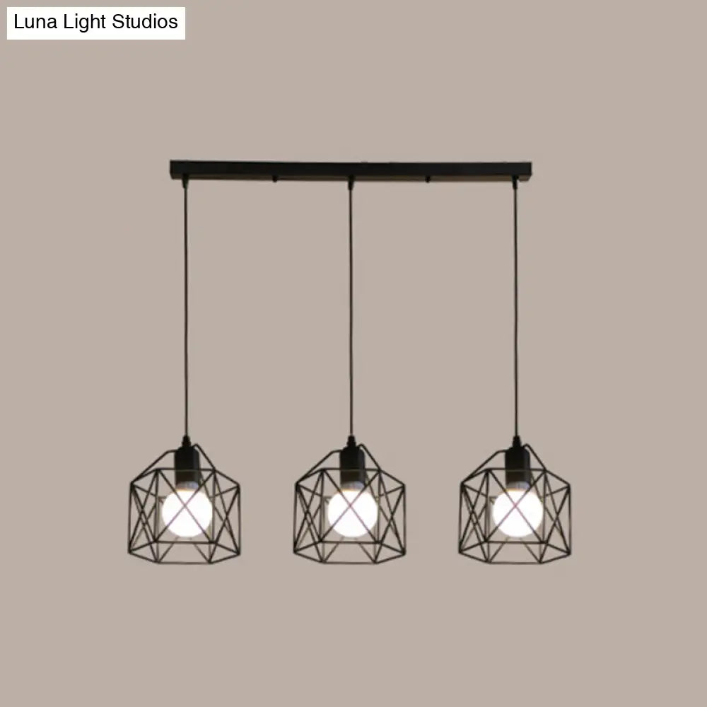 3-Light Birdcage Multi Pendant Industrial Metal Ceiling Lights For Restaurants Black / Linear