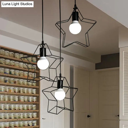 Industrial Metal Star Pendant Light With 3 Black Wire Lights - Perfect For Your Bedroom