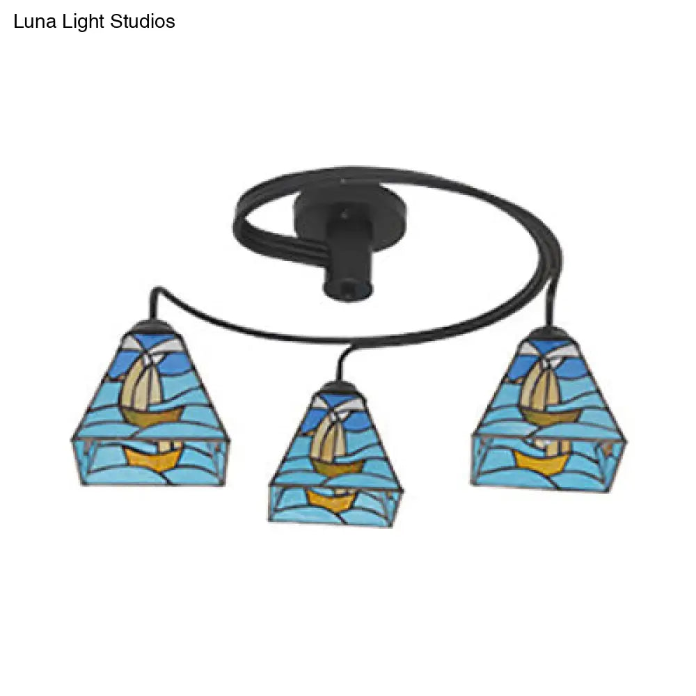 3-Light Mediterranean Stained Glass Semi-Flush Ceiling Fixture With Blue Shade For Dining Room /