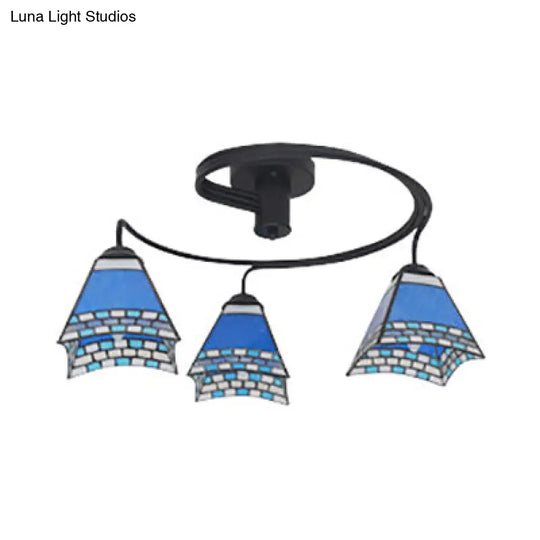 3-Light Mediterranean Stained Glass Semi-Flush Ceiling Fixture With Blue Shade For Dining Room /