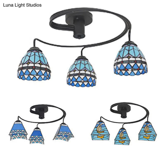 3-Light Mediterranean Stained Glass Semi-Flush Ceiling Fixture With Blue Shade For Dining Room